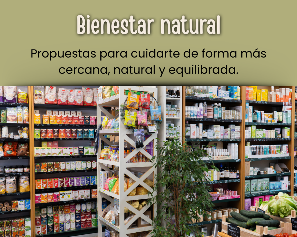 Estanterías con infusiones, cosmética natural y productos de bienestar en La Ventana de Ziortza