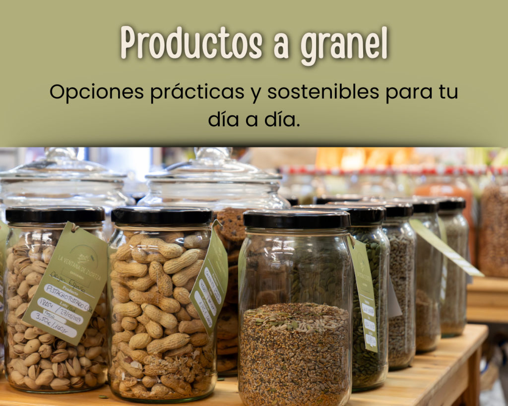 Tarros con frutos secos, semillas y otros productos a granel en La Ventana de Ziortza